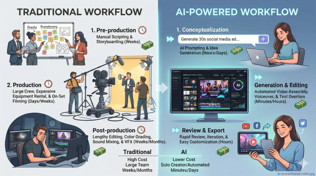 Traditional video production vs AI video production